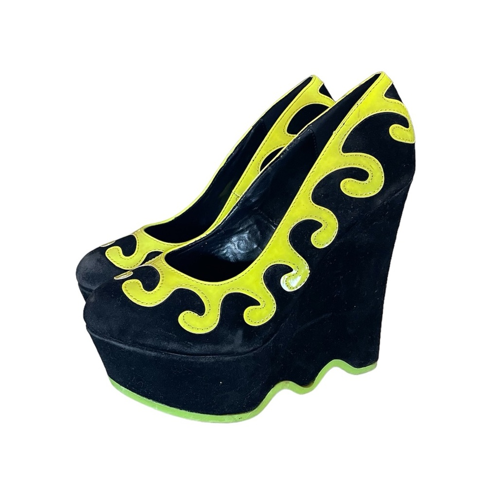 Shiekh Platform Wedges In Bright Neon Yellow and Black Suede